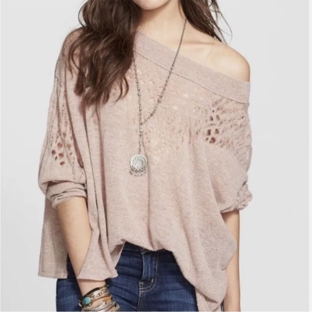 Free People Pointelle Ballet Knit‎ Sweater Alpaca Wool Oversized Tan